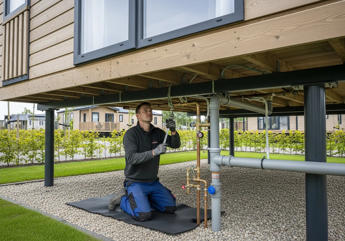 Technicus sluit leidingen aan onder een chalet