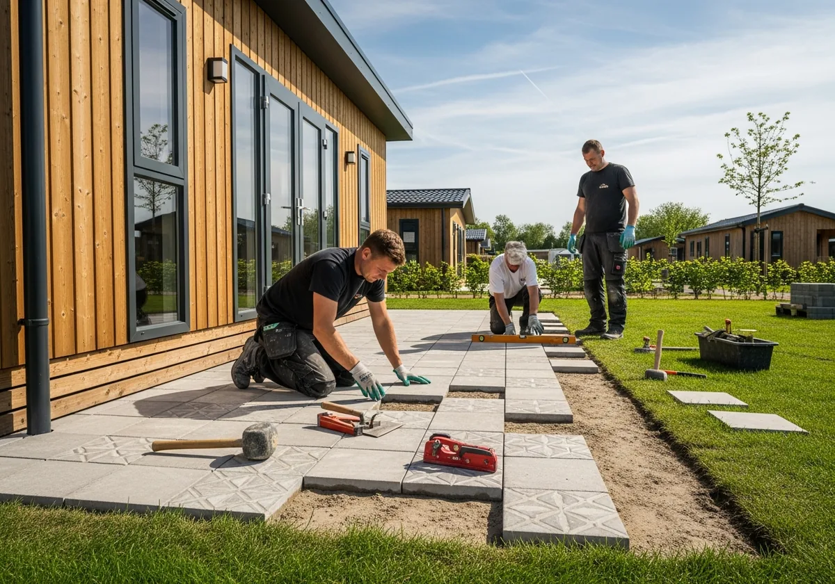 Aanleg van sierbestrating naast een chalet
