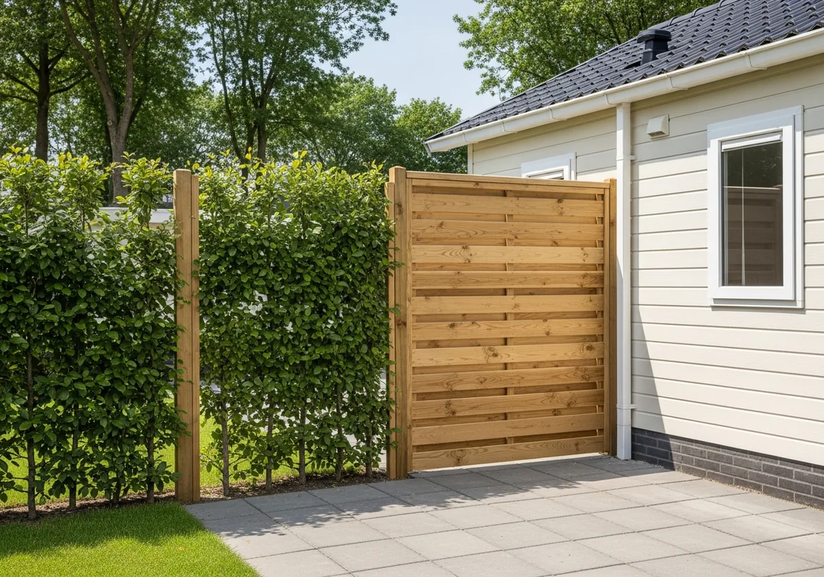 Houten schutting met groene haag