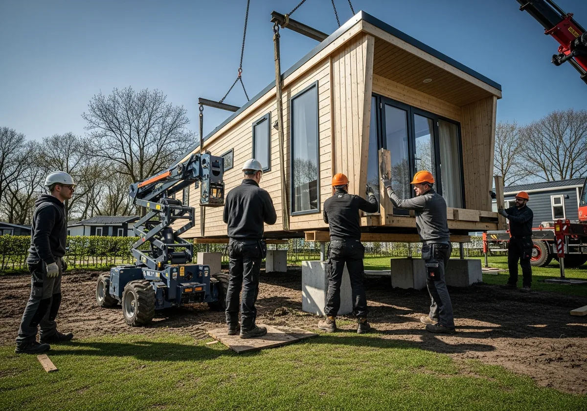 Vakmannen plaatsen een chalet op een recreatiepark